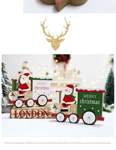 Macro detail of Merry Christmas wooden train ornament with glitter and Santa figure