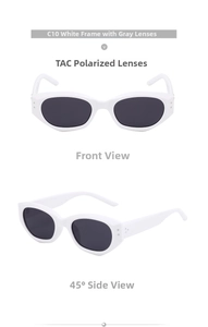 Detailed views of white cat-eye sunglasses with TAC polarized grey lenses from two angles