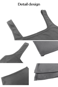 Detail view of the square neckline and wide straps on a dark grey knitted vest top