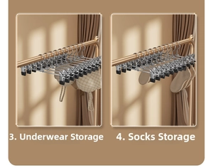 Detail of metal hangers for underwear and socks with non-slip clips on a drying rack