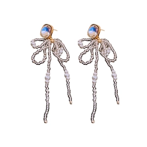 Elegant 18k gold plated tassel earrings with blue stones and white pearl beads