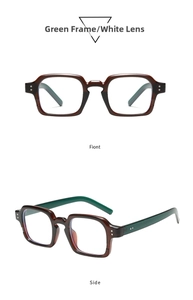 Detailed front and side views of vintage rectangular sunglasses with green and white frame