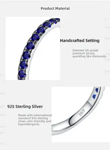 Detail of S925 sterling silver ring with 5A blue zircon and micro-engraved hallmark