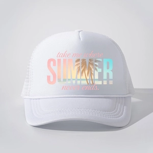 Close-up of white trucker cap featuring summer lettering and breathable mesh back