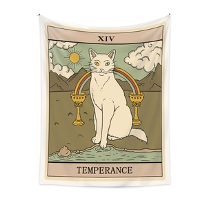 Close-up of Temperance XIV cat tarot tapestry showing fabric texture and vibrant print