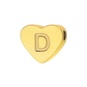 Close-up of gold heart-shaped charm bead with engraved letter D for DIY jewelry
