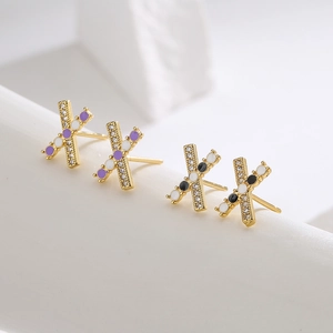 Geometric X Shape Stud Earrings 18K Gold Plated Copper With Colorful Enamel And Zircon Minimalist Jewelry For Women