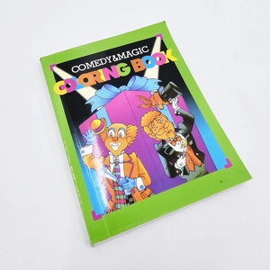 Detail of Comedy & Magic coloring book cover featuring a colorful clown and magician