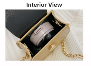 Intérieur d'un mini sac selle beige montrant l'espace cosmétique et chaîne dorée