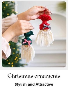 Handcrafted macrame Christmas gnome ornaments with tassels and plaid bows for tree decor