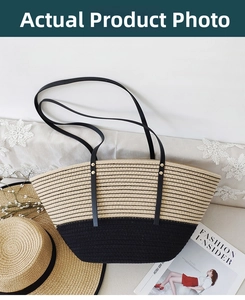 Detail of striped cotton rope woven tote bag with leather strap and gold rivet detail
