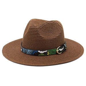 Classic brown straw fedora with colorful snake print band and golden buckle for sun protection
