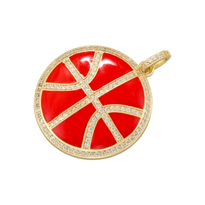Hip hop style gold basketball pendant with red enamel and sparkling crystal details