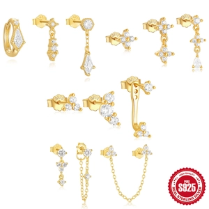 925 Sterling Silver Zirconia Geometric Petal Cross Tassel Stud Earrings Gold Plated Minimalist Fashion Jewelry For Women