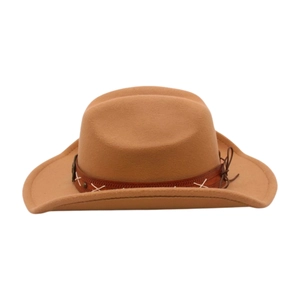 Detail of camel wool felt cowboy hat featuring leather band with white cross-stitch detail