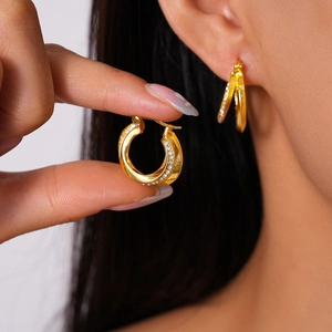Alloy Rhinestone Double Layer Hoop Earrings Geometric Round Metallic Fashion Jewelry For Women