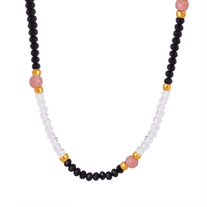 Handmade mixed natural stone beaded necklace with pink, black, and gold metal accents