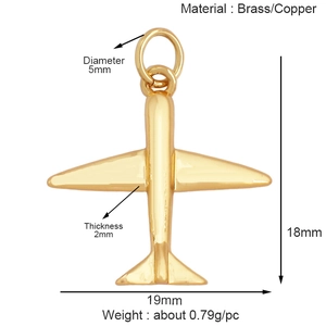 Detailed size chart of a golden brass plane pendant with 19mm width and 18mm height