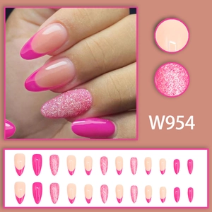 French rose pink glitter press-on nail kit with 24 almond-shaped pieces model W954