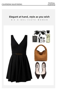 Flat lay of a black V-neck sleeveless dress with gold belt and brown woven tote bag