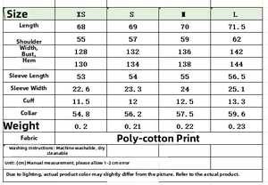 Detailed size chart for striped scarf collar poplin shirt including length and bust measurements