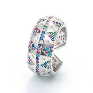 Men's geometric triangle ring with multi-color zircon pavé in silver-tone finish