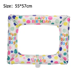 Inflatable birthday photo frame balloon with colorful dots and Happy Birthday text 55x57cm