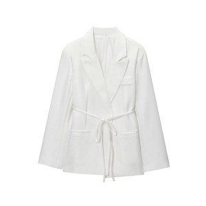 Blazer Femme Décontracté Blanc en Mélange de Lin Veste Manches Longues Revers Ceinture Streetwear Sexy Mode Tailleur Manteau Bureau