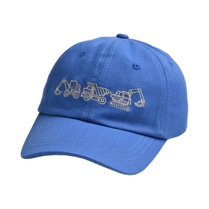 Close-up of high-quality excavator embroidery on light blue twill cotton kids baseball cap