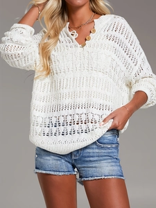 Women Beach Cover Up Crochet Hollow Out Knit Long Sleeve V Neck Button Casual Summer Vacation Smock Top White