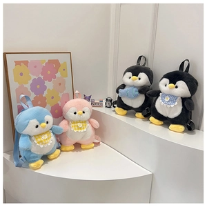 Group display of cute plush penguin backpacks in pink, blue and classic black and white