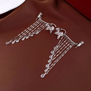 Silver needle butterfly tassel earrings with sparkling zircon stones in elegant design