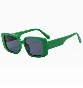 Detail view of glossy green square frame sunglasses with dark gray lenses for UV protection