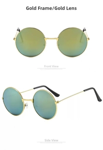Detailed front and side view of retro round gold metal sunglasses with gold mirror lenses