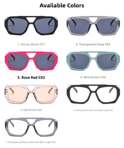 Multiple color variations of geometric oversized sunglasses in 7 frame styles and tints