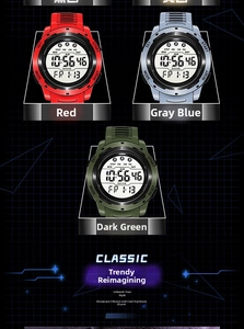 Detailed view of digital sports watches in red, gray-blue and dark green colors