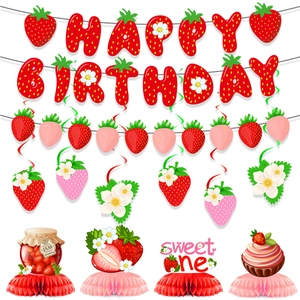 Strawberry birthday party decoration set with banner, toppers and honeycomb centerpieces