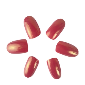 Short oval press-on nails in pearlescent rose red color with a shimmering finish