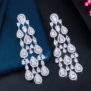 Elegant silver long tassel chandelier earrings with pear-cut cubic zirconia for gala