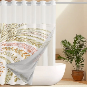 Close-up of white waffle shower curtain with multi-colored leaf prints and metal grommets
