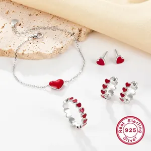 925 Sterling Silver Heart Jewelry Rings Hoop Earrings Studs Bracelet For Women Colorful Enamel Drip Oil Fashion Elegant