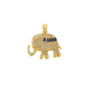 Gold elephant necklace with sparkling zircon stones and blue crystals on white background