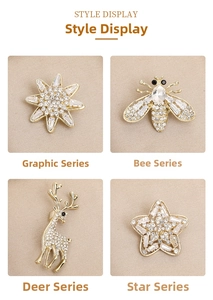Detail showing four zircon brooch styles including bee, deer, and celestial star designs