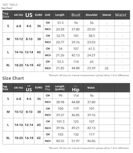 Size guide table for casual vacation crop top and nine-point pants set for women in US UK sizes