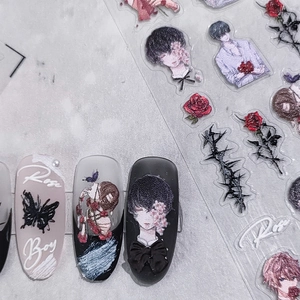 Adesivi per unghie 5D in stile gotico dark con rose rosse e motivi farfalla anime