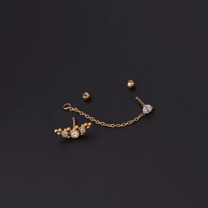 Gold plated stainless steel double ear piercing chain with sparkling white zircon stones