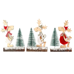 Three-piece wooden reindeer figurine set with mini Christmas trees and snowflake bases