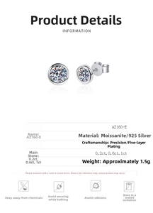Detailed chart of S925 silver moissanite stud earrings showing 0.2ct to 1ct stone sizes