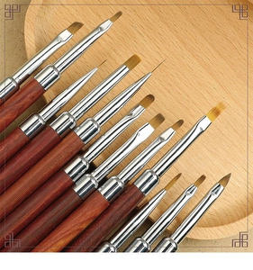 Detail of 10-piece professional nail art brush set with fine tips and wooden handles