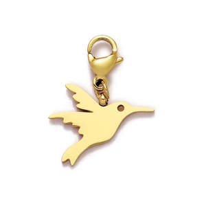 Close-up of a detailed golden hummingbird pendant featuring a lobster clasp for jewelry